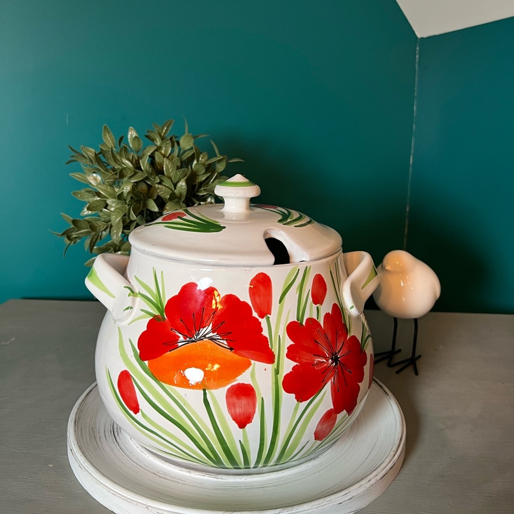 Vibrant Red and Orange Ceramic Soup Tureen Italy